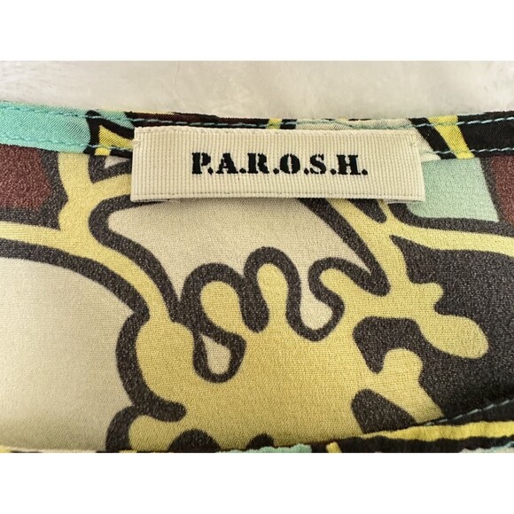 P.A.R.O.S.H. Women Blue Brown Floral Silk Crew Neck Short Sleeve Blouse Top Sz L - Picture 8 of 14